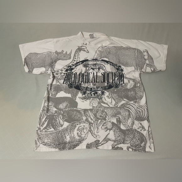 oneita Other - Vintage Zoological-Society San-Diego Art Shirt L-Short All-Over-Print USA Oneita